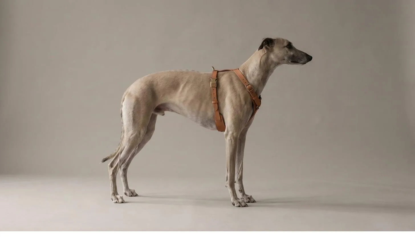 Pet wearing a NMCEE leather harness against a soft studio backdrop